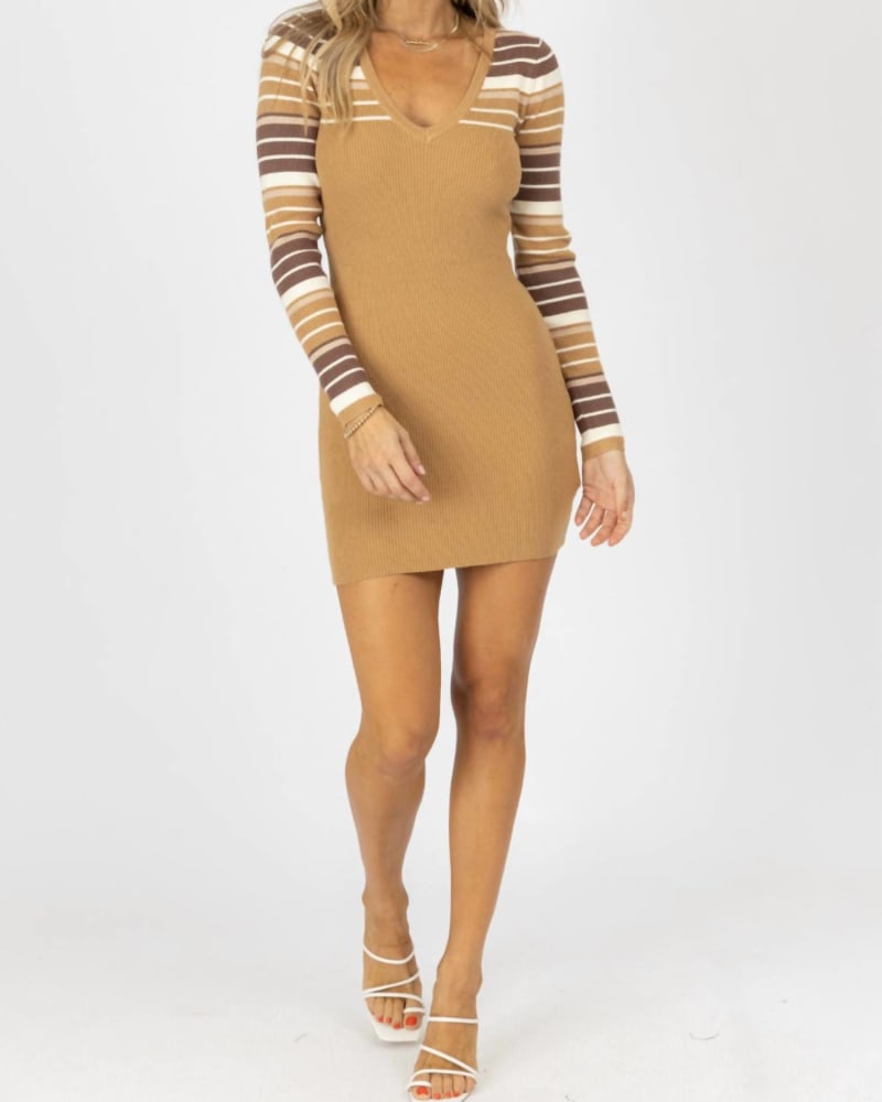 Front of a model wearing a size L Striped Sleeve Sweater Mini Dress In Khaki in Khaki by Blue Blush. | dia_product_style_image_id:341964